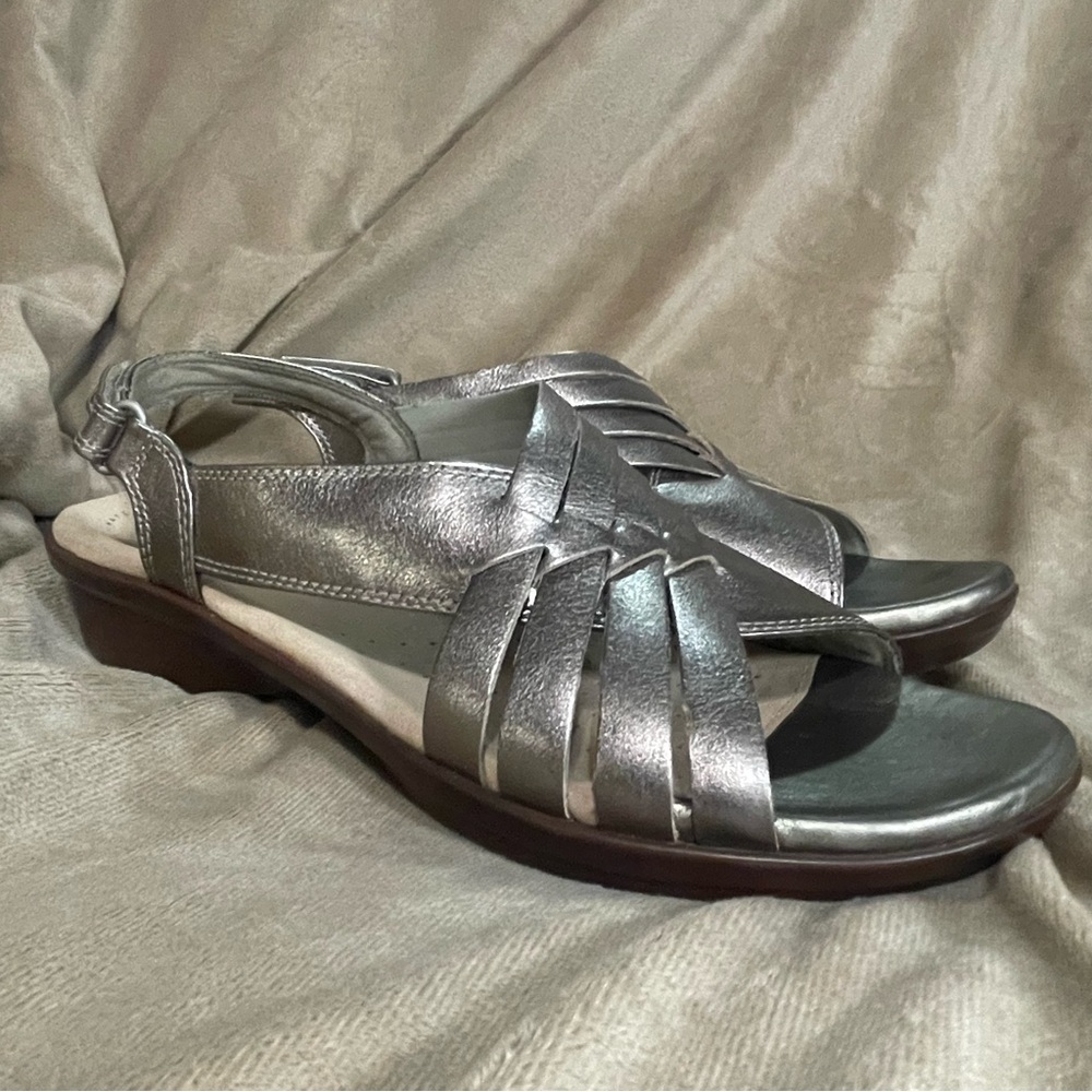 Clarks Metallic Pewter Cassey Leather Woven Slingback Sandals.